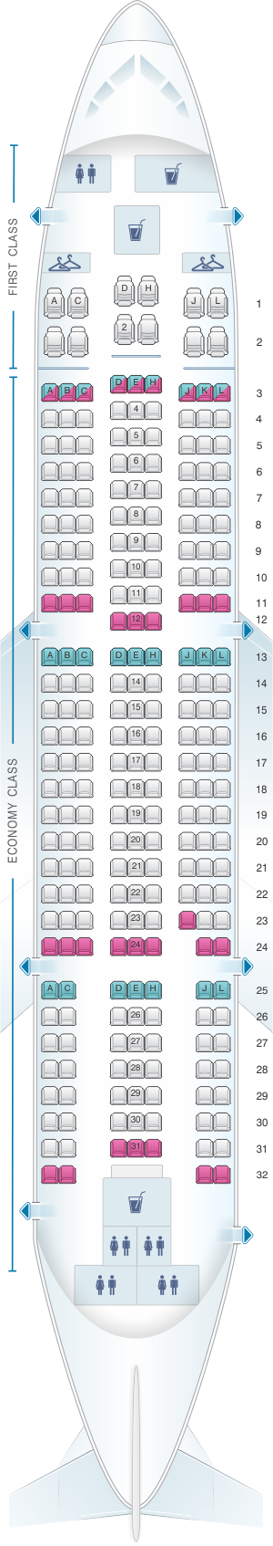 Seat map for Yemenia - Yemen Airways Airbus A310 324 256pax