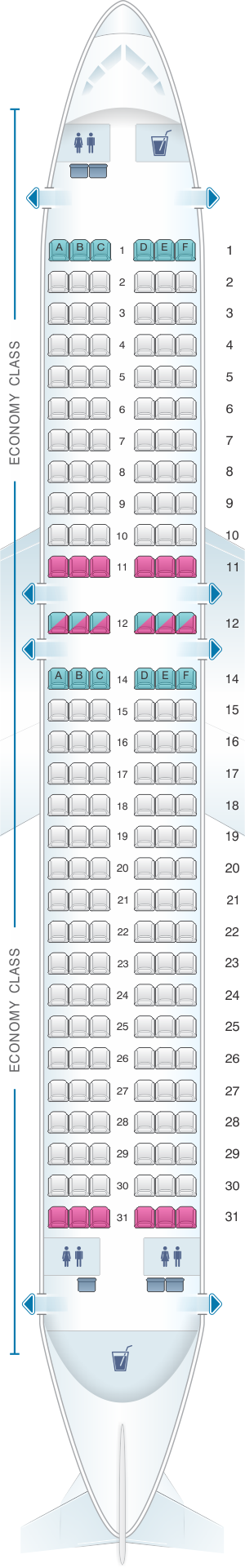 Seat map for Kingfisher Airlines Airbus A320 200 180PAX