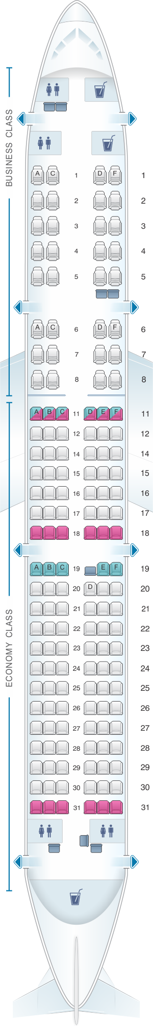 Seat map for Kingfisher Airlines Airbus A321 200 151PAX