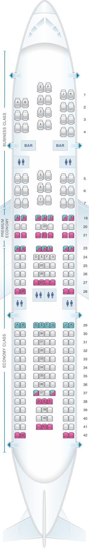 Seat map for Air France Airbus A330 200 Long-Haul International 208PAX