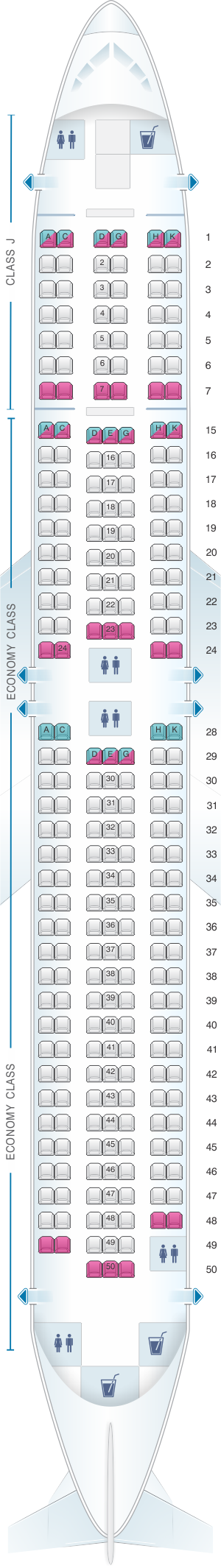 Seat map for Japan Airlines (JAL) Boeing B767 300 A23/A26