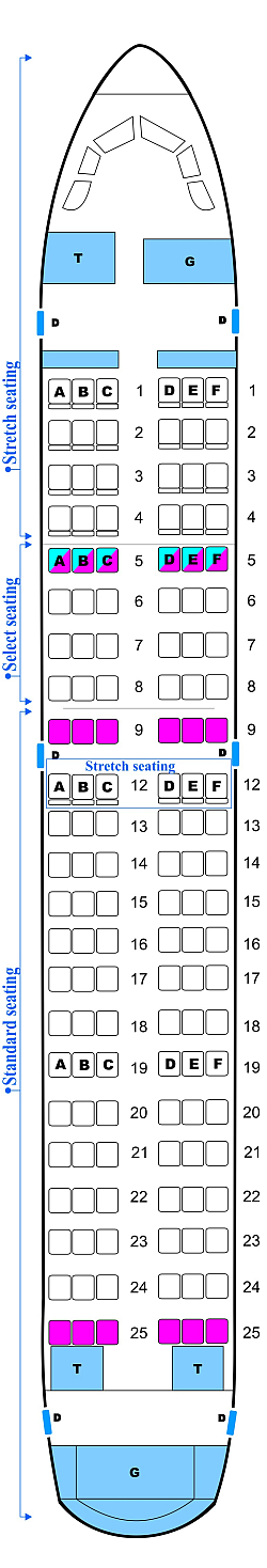 Seat map for Midwest Airlines Airbus A319