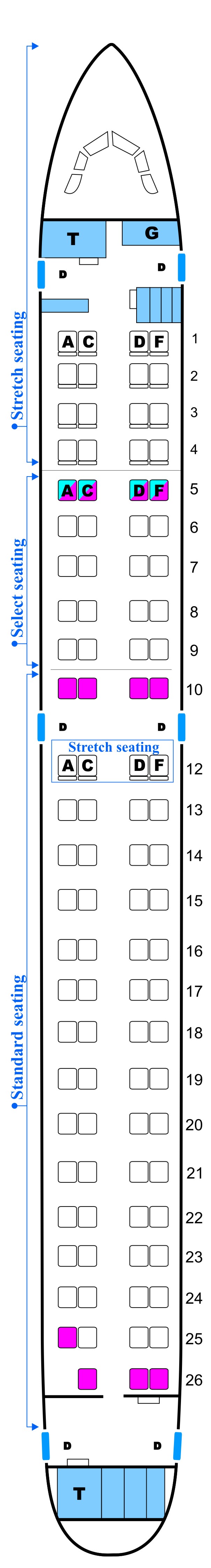 Seat map for Midwest Airlines Embraer E190 Config. A