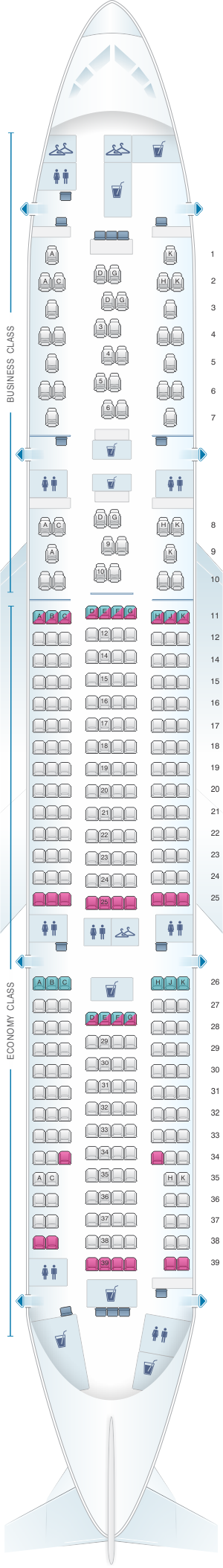 Seat map for Austrian Airlines Boeing B777 200ER V1