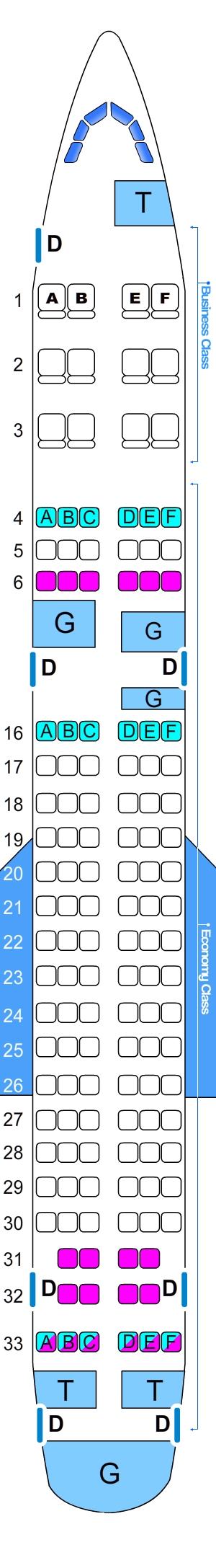 Seat map for Tupolev TU 154M 134pax