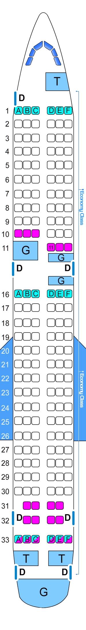 Seat map for Tupolev TU 154M 167pax