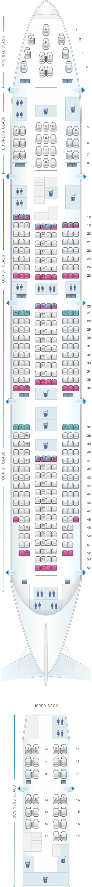 Seat map for Transaero Airlines Boeing B747 400 Config. 5