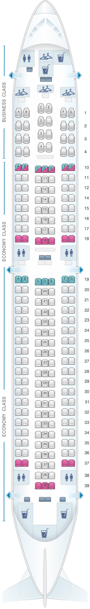 Seat map for Transaero Airlines Boeing B767 200 Config. 1