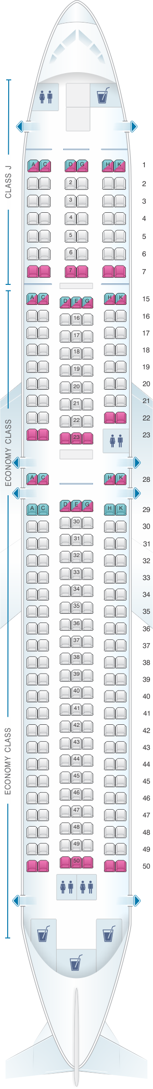 Seat map for Japan Airlines (JAL) Boeing B767 300ER A27