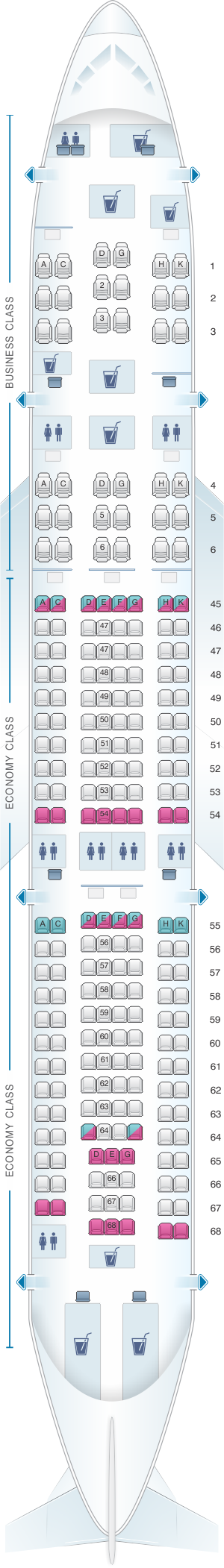 Seat map for South African Airways Airbus A330 200