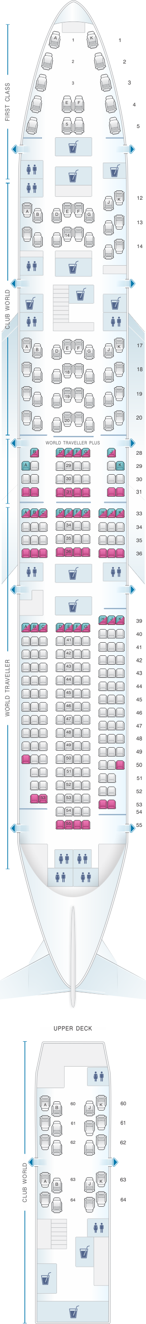 Seat map for British Airways Boeing B747 400 299PAX