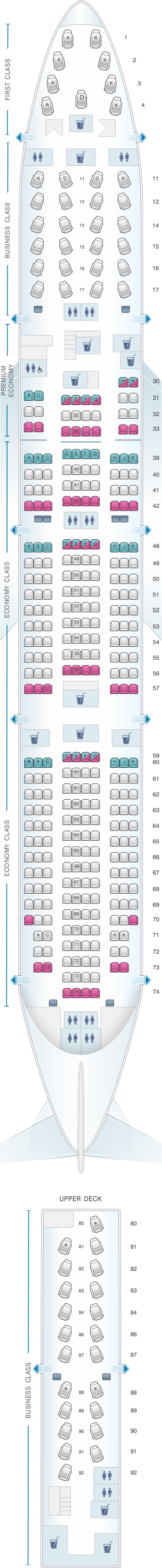 Seat map for Cathay Pacific Airways Boeing B747 400 (74K)