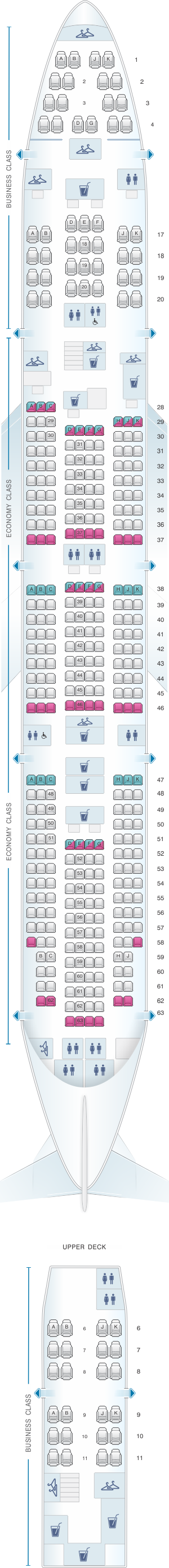 Seat map for China Airlines Boeing B747 400 389PAX