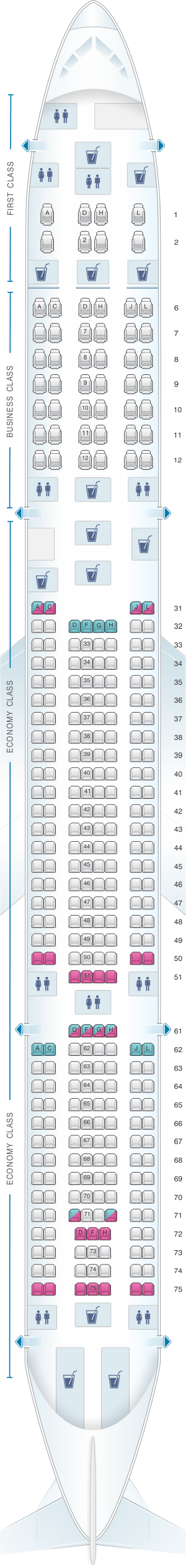 Seat map for China Eastern Airlines Airbus A340 600