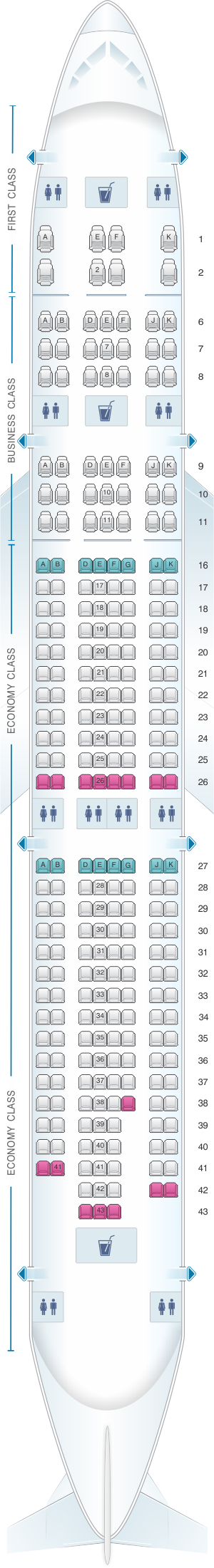 Seat map for Emirates Airbus A340 300