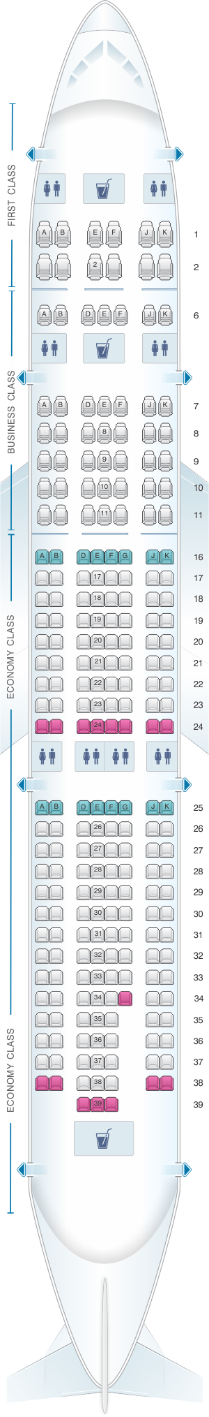 Seat map for Emirates Airbus A330 200 three class