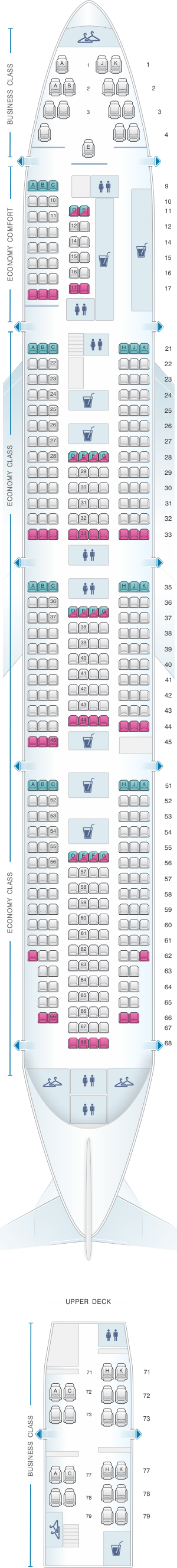 Seat map for KLM Boeing B747 400 New 	World Business Class