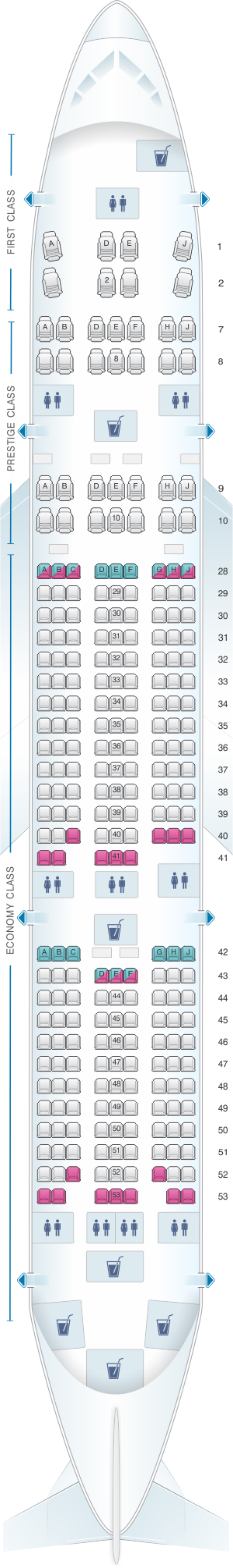 Seat map for Korean Air Boeing B777 200ER 261PAX