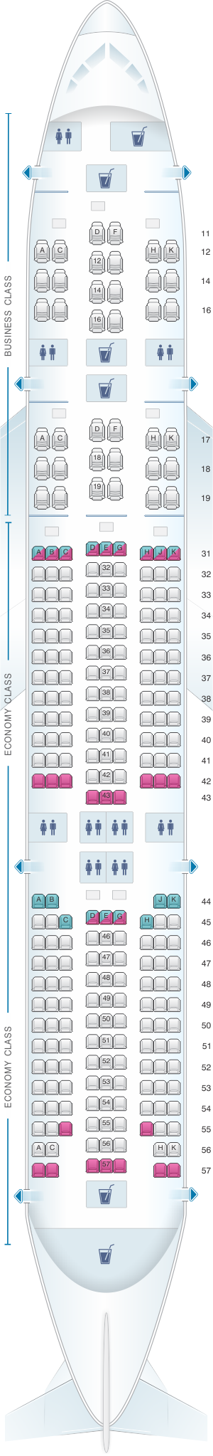 Seat map for Singapore Airlines Boeing B777 200 SR Series