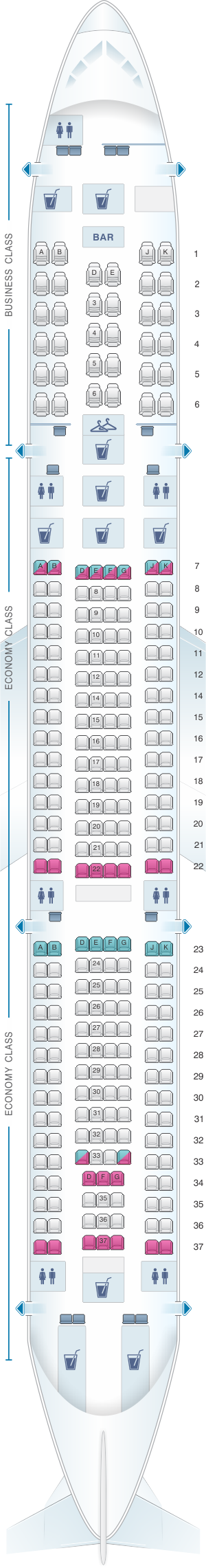 Seat map for Turkish Airlines Airbus A340 300