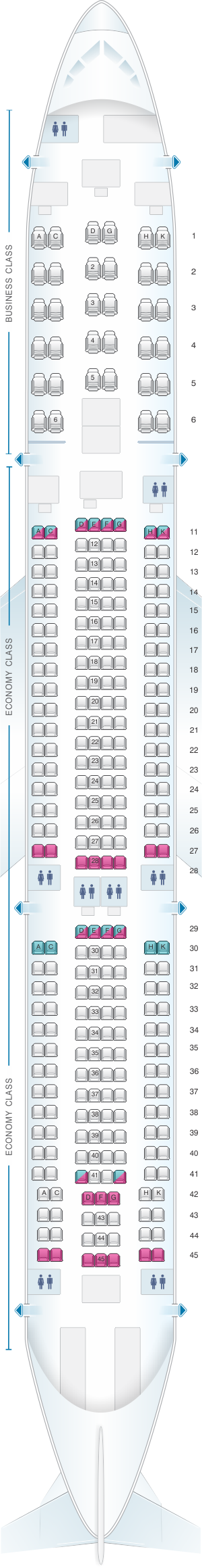 Seat map for Aeroflot Russian Airlines Airbus A330 300 Config.1