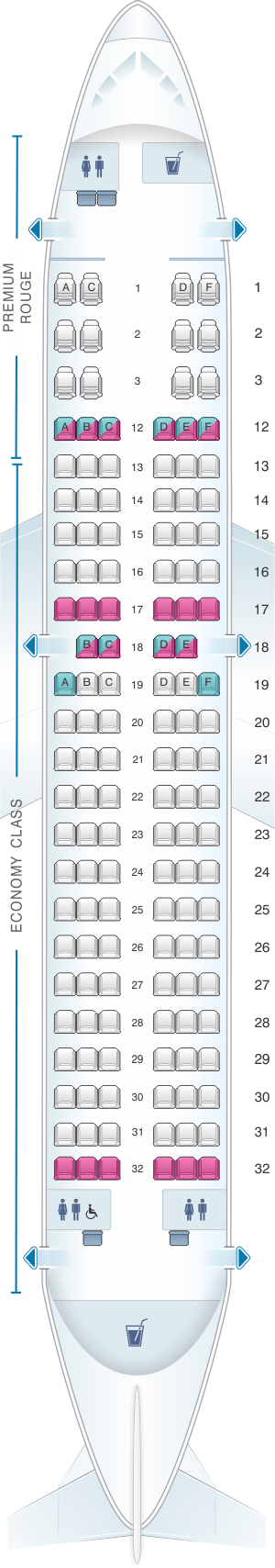 Seat map for Air Canada Airbus A319 100 Rouge