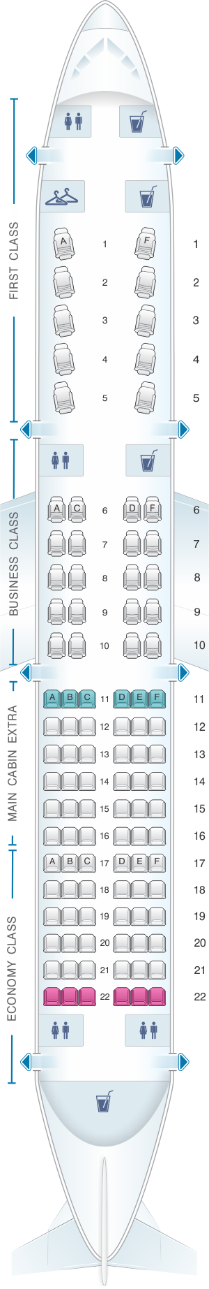 Seat map for American Airlines Airbus A321 Transcontinental