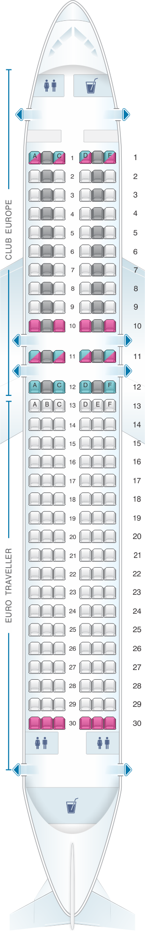 Seat map for British Airways Airbus A320 European Layout
