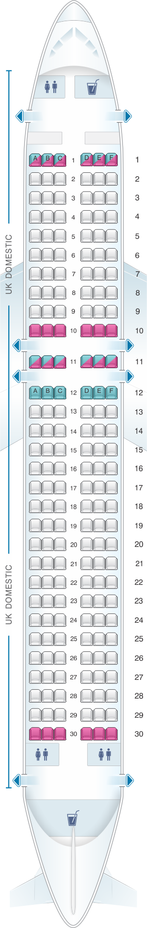 Seat map for British Airways Airbus A320 Domestic Layout