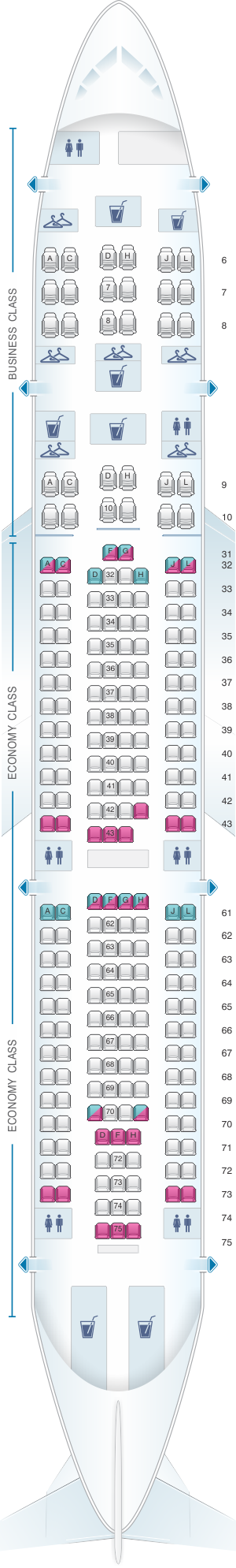 Seat map for China Eastern Airlines Airbus A330 200 234PAX