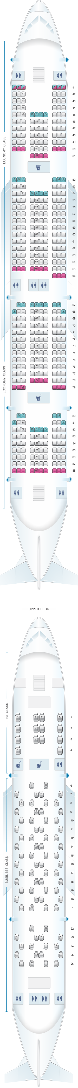 Seat map for Emirates Airbus A380 three class long-range