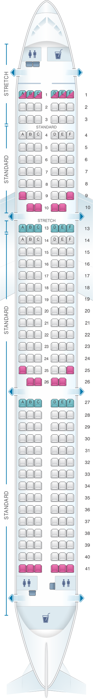 Seat map for Frontier Airlines Airbus A321 230pax