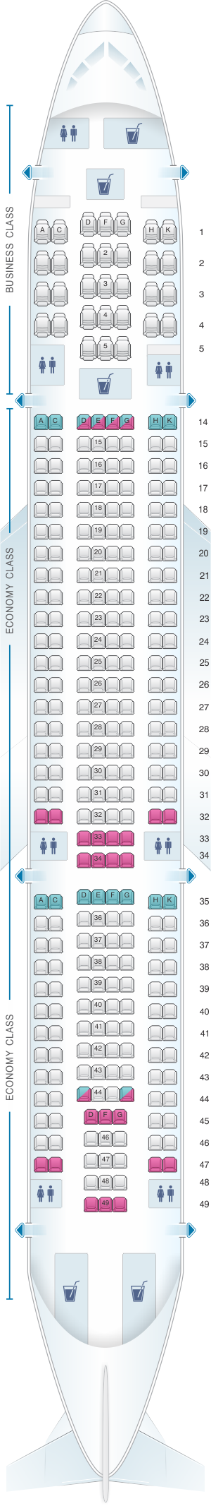 Seat map for Hi Fly Airbus A330 200 298pax