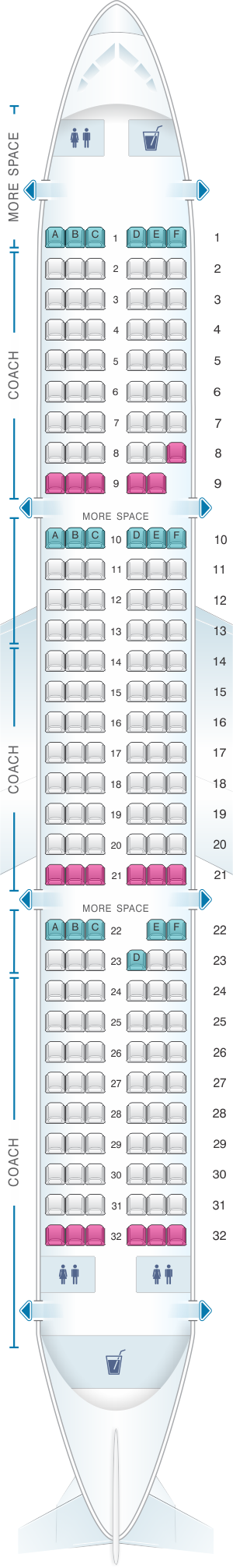 Seat map for JetBlue Airways Airbus A321 Config 1