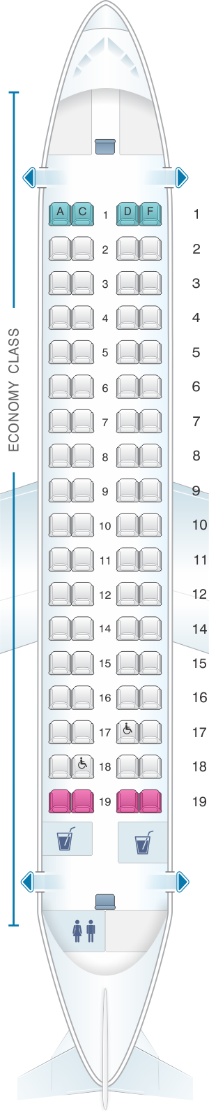 Seat map for Jet Airways ATR 72 600 72PAX