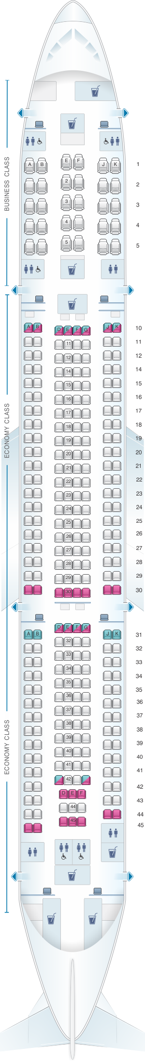 Seat map for Qatar Airways Airbus A330 300 305pax