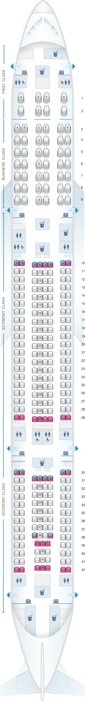 Seat map for Qatar Airways Airbus A340 600