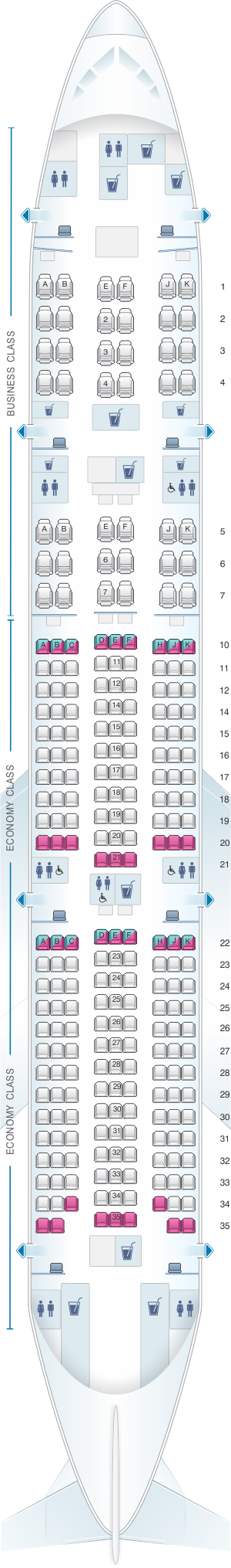Seat map for Qatar Airways Boeing B777 200LR 259pax