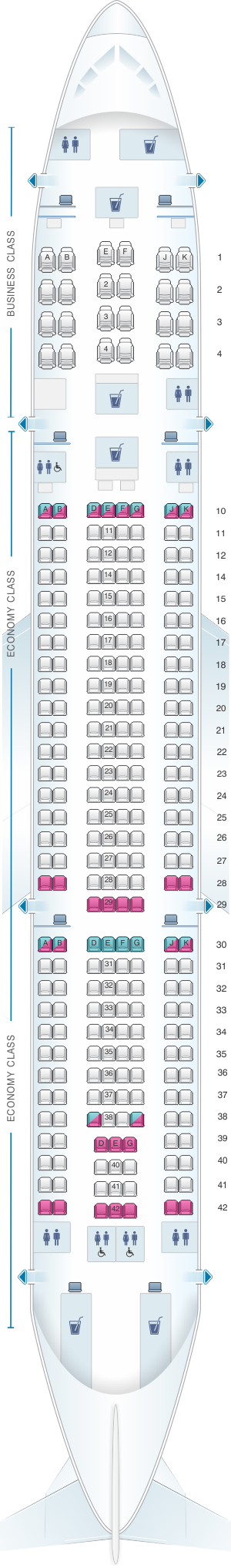 Seat map for Qatar Airways Airbus A330 200 272pax