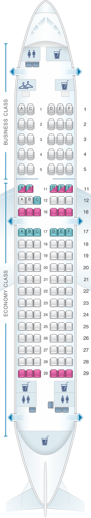 Seat map for South African Airways Airbus A319 100