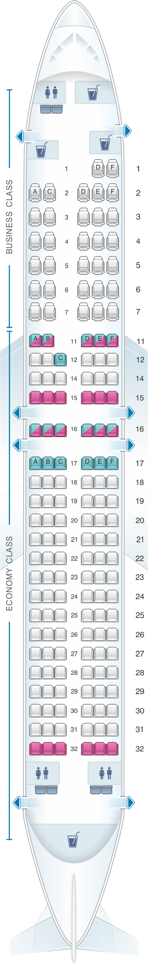 Seat map for South African Airways Boeing B737 800