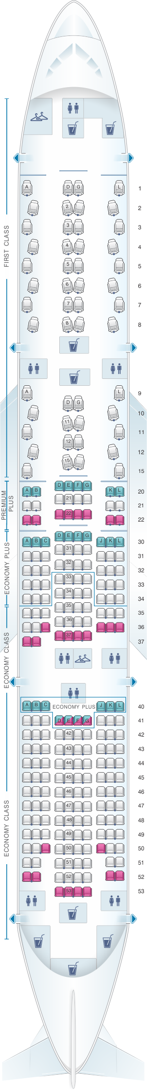 Seat map for United Airlines Boeing B777 200 (777) - version 1