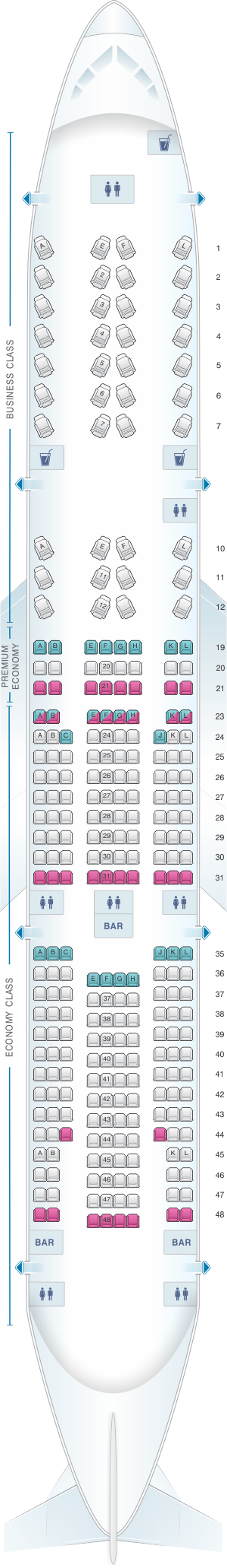 Seat map for Air France Boeing B777 200 International Long-Haul 280pax