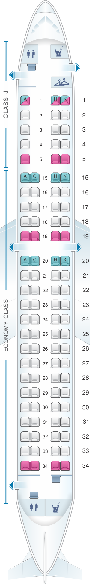 Seat map for Japan Airlines (JAL) Embraer 190 M11