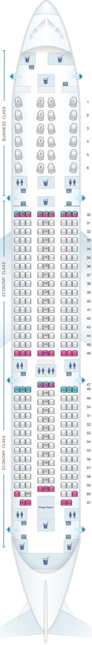 Seat map for Saudi Arabian Airlines Boeing B787-9