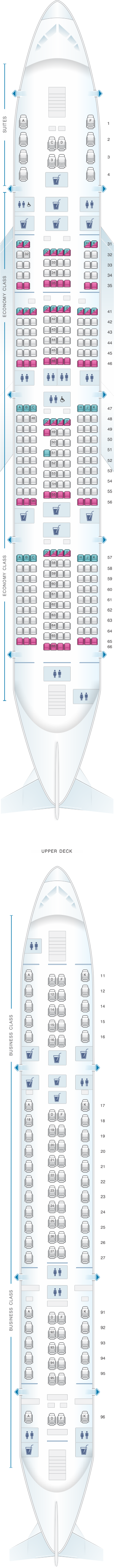 Seat map for Singapore Airlines Airbus A380 800 four class V2