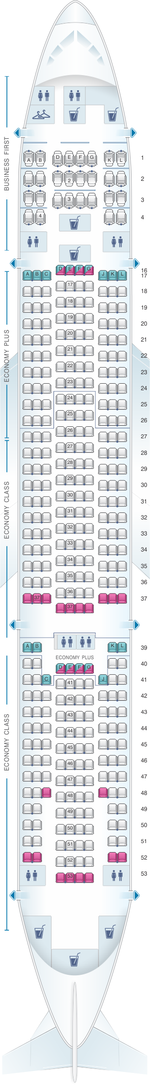 Seat map for United Airlines Boeing B777 200 (777) – version 4