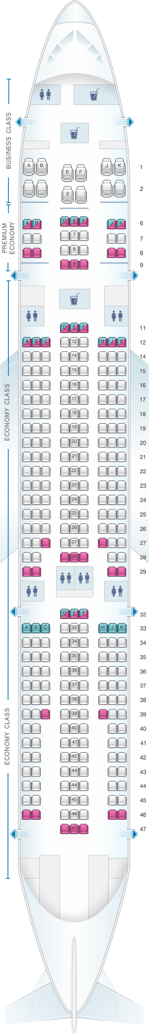 Seat map for Air Caraibes Airbus A330 200 303PAX