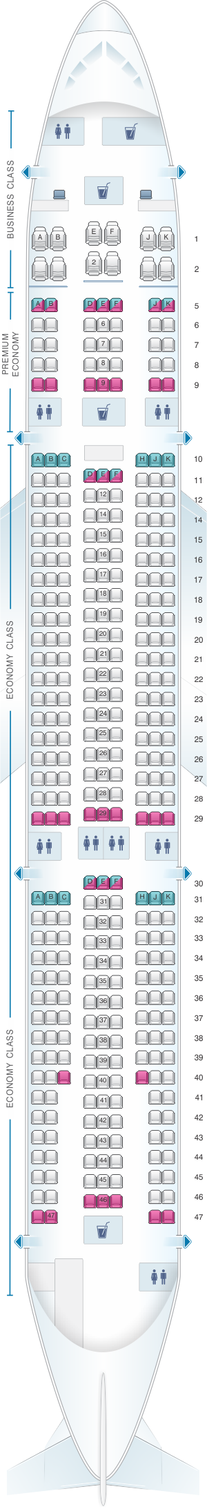 Seat map for Air Caraibes Airbus A330 300 354PAX