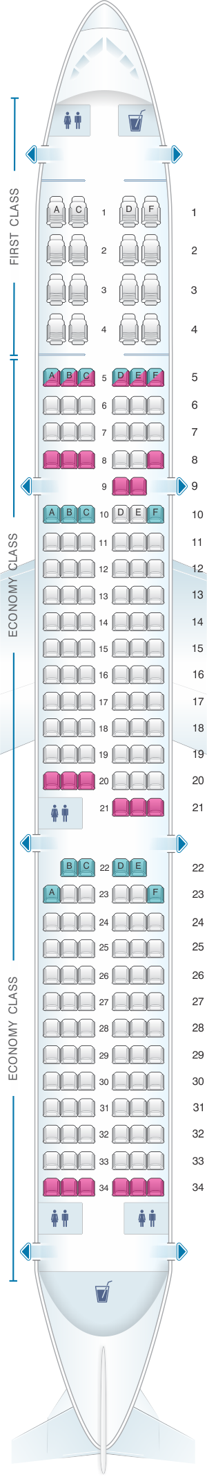 Seat map for American Airlines Airbus A321 187pax